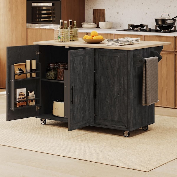 Ximuprmy Black Wood 51 in. Kitchen Island with Geometric Twill Stripe Textured Design, Drop Leaf and Storage for Kitchen Room