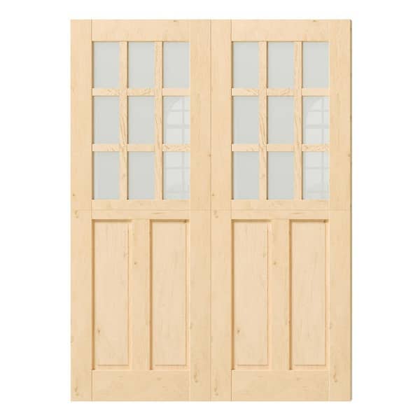 TENONER 56in. x 80in. (28 in. W x 2) 9 Lites,Frosted Glass,Primed Half Split Interior Dutch Door Slab w/ Natural Pine Wood Color