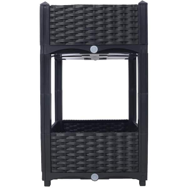 Misopily 15.70 in. Black Plastic Square Outdoor Elevated Planter Raised Beds with Drainage Plug for Vegetable/Flower/Herb