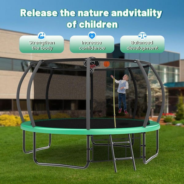 SUNRINX 12 ft. Green Round Trampoline with Safety Enclosure Net