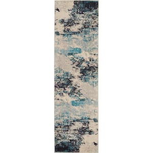 Celestial Ivory/Teal Blue 2 ft. x 8 ft. Abstract Modern Kitchen Runner Area Rug