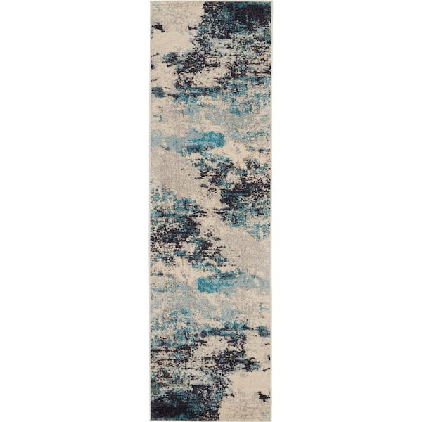 Nourison Celestial Ivory/Teal Blue 2 ft. x 8 ft. Abstract Modern Kitchen Runner Area Rug