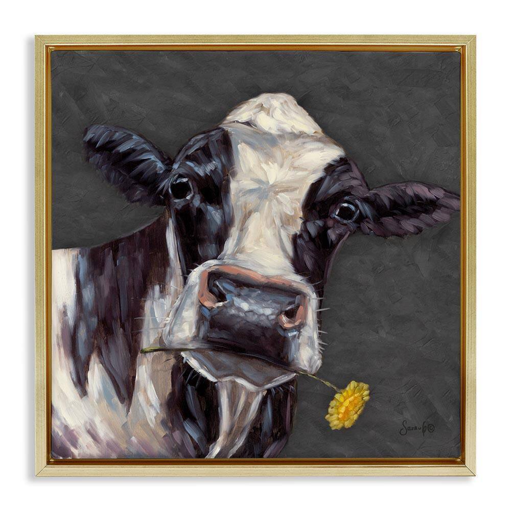 Cow with Yellow Daisy by Sara G. Designs Gold Floater Frame Animal Graphic Art Print 25 in. x 25 in. price history on PriceWatchPro