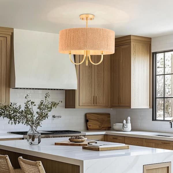 Maxax Collision 17.7 in. 3-Light Gold/Wood Metal Contemporary Semi Flush Mount Lighting Bedroom Ceiling Lights