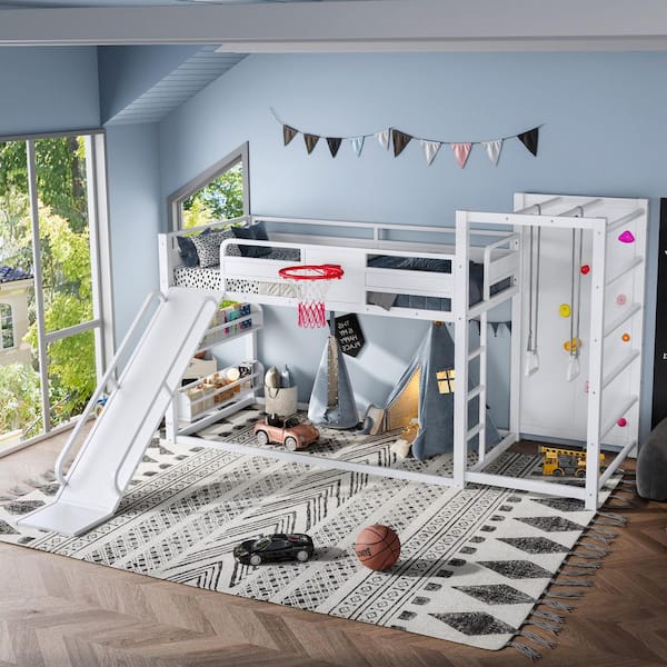 White Twin Over Twin Bunk Bed with Basketball Hoop,Pull-up Rings, Climbing Wall, and Built-in Bookshelves