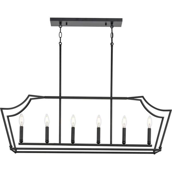 Progress Lighting Parkhurst 6-Light Matte Black Linear Chandelier New Traditional 42 in. Chandelier with Clear Glass Shades