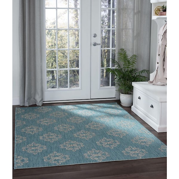 Veranda Geometric Aqua 8 ft. x 10 ft. Indoor/Outdoor Area Rug