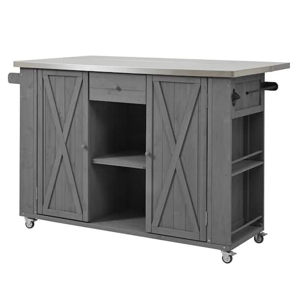 Fir Wood Outdoor Bar Kitchen Island with Stainless Steel Top, Storage, Towel and Spice Racks and a Bottle Opener Gray