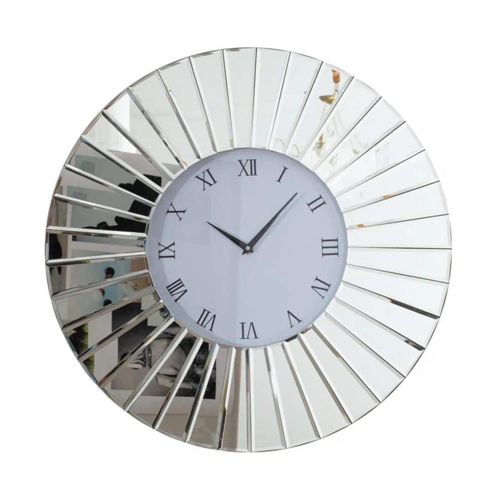 32 in. Silver Round Mirrored Roman Numerals Silent Flow Decorative Wall Clo