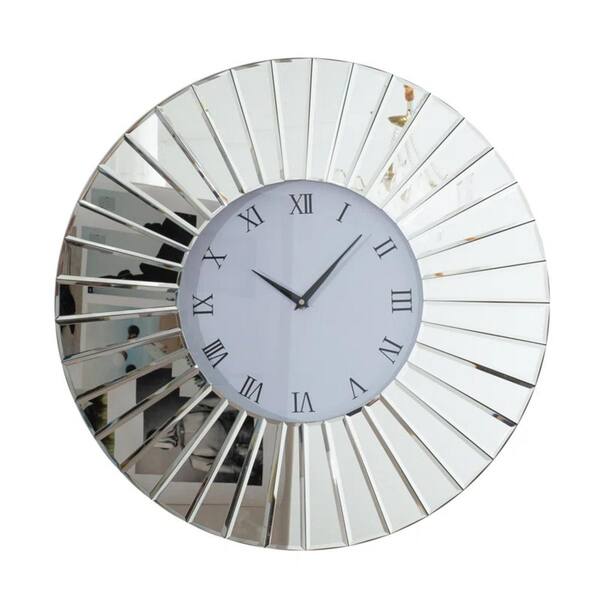 Unbranded 32 in. Silver Round Mirrored Roman Numerals Silent Flow Decorative Wall Clock with Black Roman Numeral Black Pointer