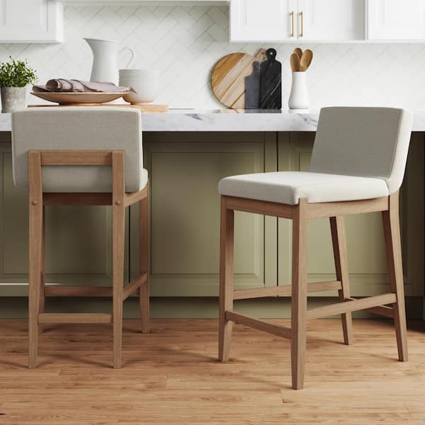 Gracie 24 in. Modern Counter Height Bar Stool with Back, Brushed Light Brown Wood Legs, Natural Flax/Brown, Set of 2