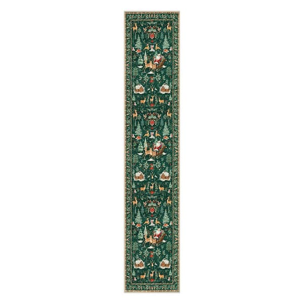 2 ft. x 10 ft. Green Holiday Woodland Washable Runner Rug