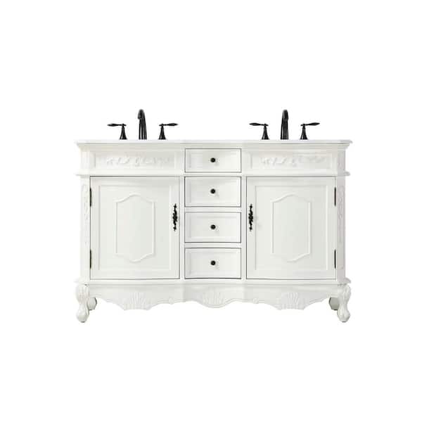 54 in. Double Sink Freestanding Antique White Bath Vanity with Ivory White Engineered Marble Top