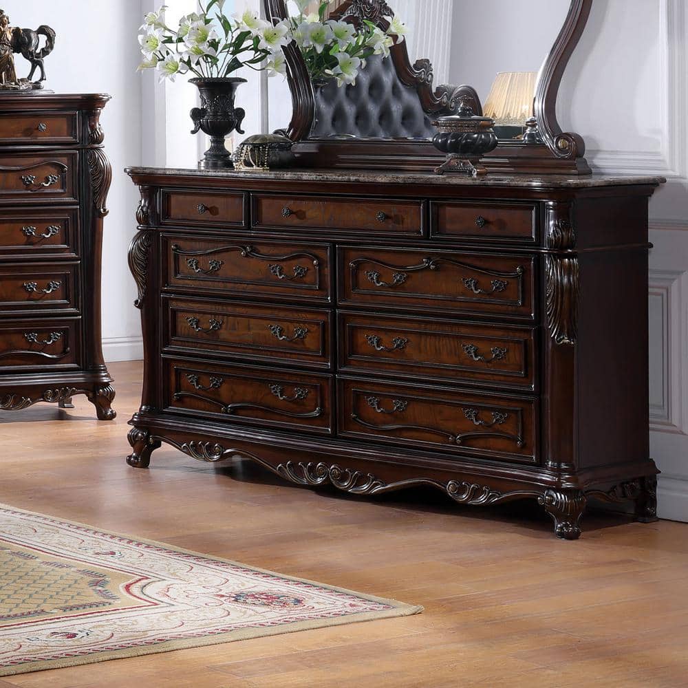 Dark Cherry Solid Wood Dresser with Marble Top and Carved Details