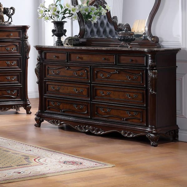 Feliciano Dark Cherry 9-Drawer 70.5 in. Dresser with Marble Top and Carved Details