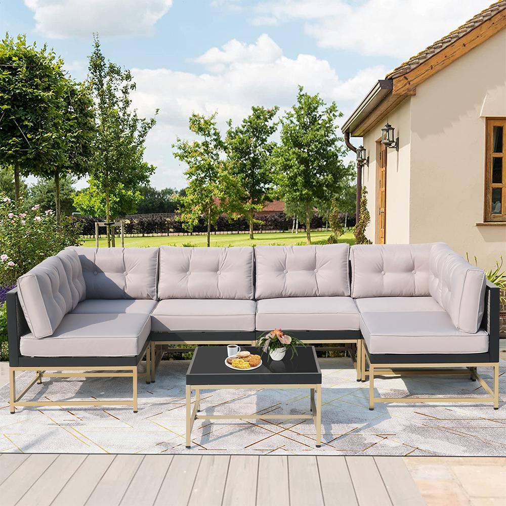 7-Piece Wicker Patio Conversation Set with Gray Cushions and Coffee Table, 