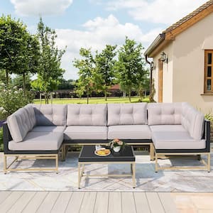 7-Piece Wicker Patio Conversation Set with Gray Cushions and Coffee Table, All-Weather Modular Outdoor Seating Sofa Set