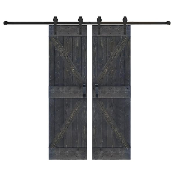 ISLIFE K Series 60 in. x 84 in. Carbon Gray Finished DIY Solid Wood Double Sliding Barn Door with Hardware Kit