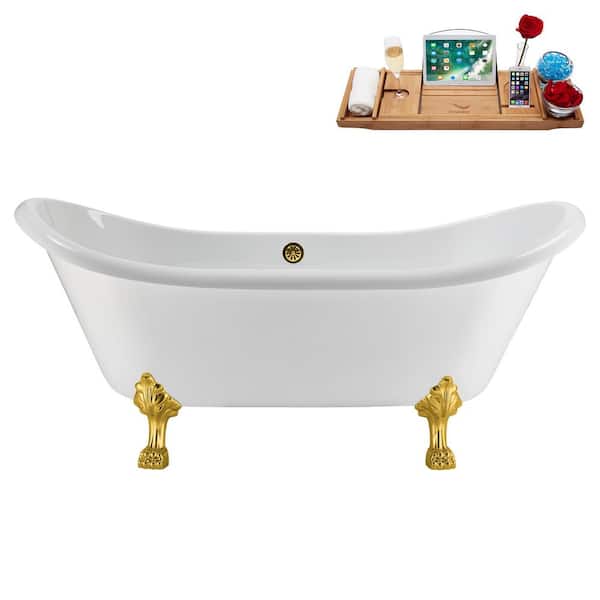 71 in. x 31 in. Acrylic Clawfoot Soaking Bathtub in Glossy White with Polished Gold Drain and Polished Gold Clawfeet