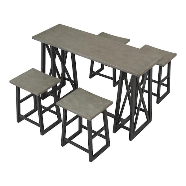 Sudzendf Gray 5-Piece Wood Outdoor Dining Set with 4 Stools