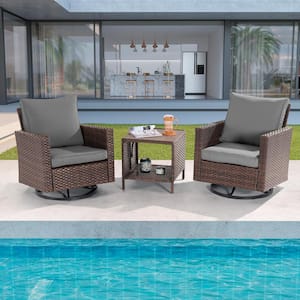 3-Piece Brown Wicker Outdoor Swivel Rocking Chairs Patio Bistro Set with Side Table Gray Cushion