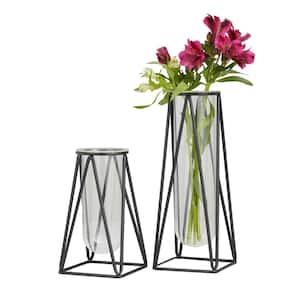 13 in., 9 in. Black Tube Glass Decorative Vase with Metal Stand (Set of 2)