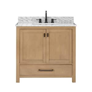 Modero 37 in. W x 22 in. D x 35 in. H Single Sink Bath Vanity Combo in Brushed Oak Finish with Carrara White Marble Top