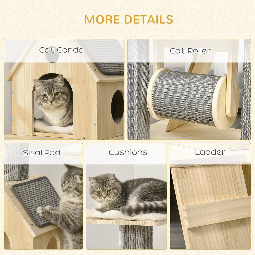 Natural Wooden Cat Tree with Sisal Scratching Posts and Cushions