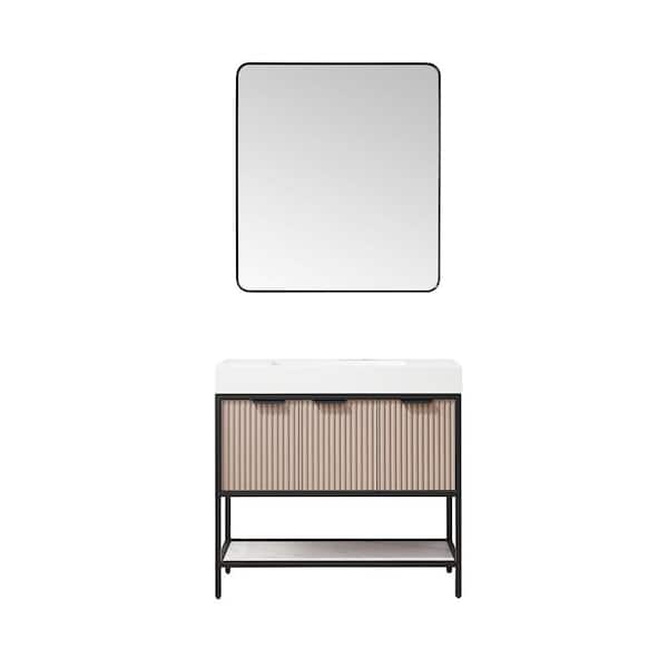 ROSWELL Marcilla 36 in. W x 20 in. D x 34 in. H Single Sink Bath Vanity in Almond Coffee with White Integral Sink Top and Mirror