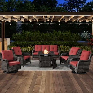 ArcoBay 6-Piece Gray Wicker Patio Square Fire Pit Conversation Set with Red Cushions and Swivel Rocking Chairs