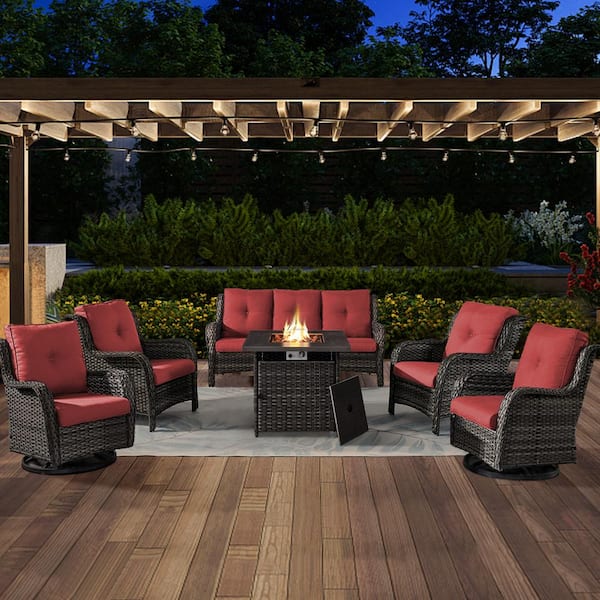 Opohoro ArcoBay 6-Piece Gray Wicker Patio Square Fire Pit Conversation Set with Red Cushions and Swivel Rocking Chairs
