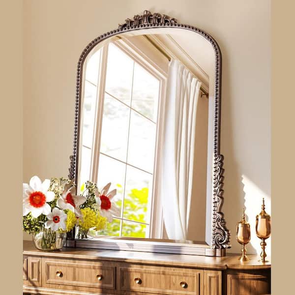 Antique Silver 28 in. W x 40 in. H Carved Arched PU Frame Vanity Wall Mirror