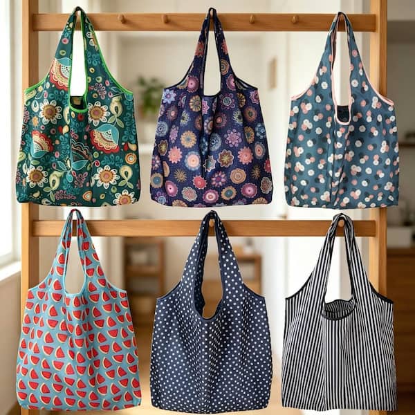 Boho Aesthetic, Reusable Grocery Bag, Foldable Washable Nylon Market Tote Bags, 50lbs. Capacity, Set of 6 Shopping Totes