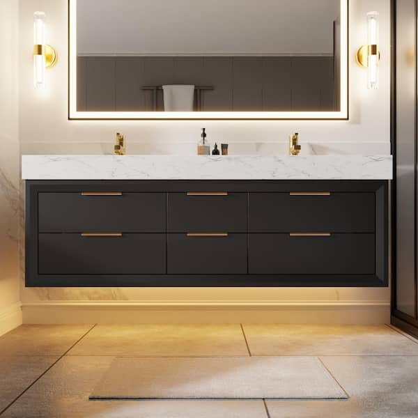 60 in.W X 21 in.D X 21.3 in.H Floating Bathroom Vanity in Black Solid Oak/White Marble Countertop and Lights