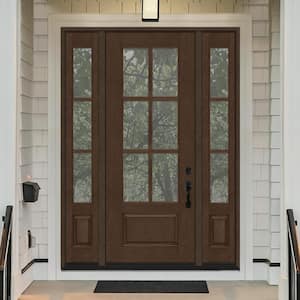 Regency 64 in. x 96 in. 3/4-6 Lite Clear Glass LH Hickory Stain Mahogany Fiberglass Prehung Front Door w/Dbl 12in.SL
