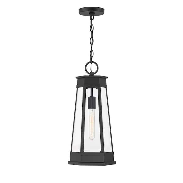 Payne 21.25 in. 1-Light Matte Black Dimmable Transitional Outdoor Hanging Lantern Pendant Light with Clear Beveled Glass
