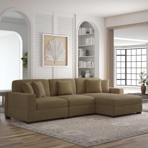 Uixe 118 in. Square Arm 3-piece Corduroy Upholstered L-Shaped Sectional Sofa in. Camel