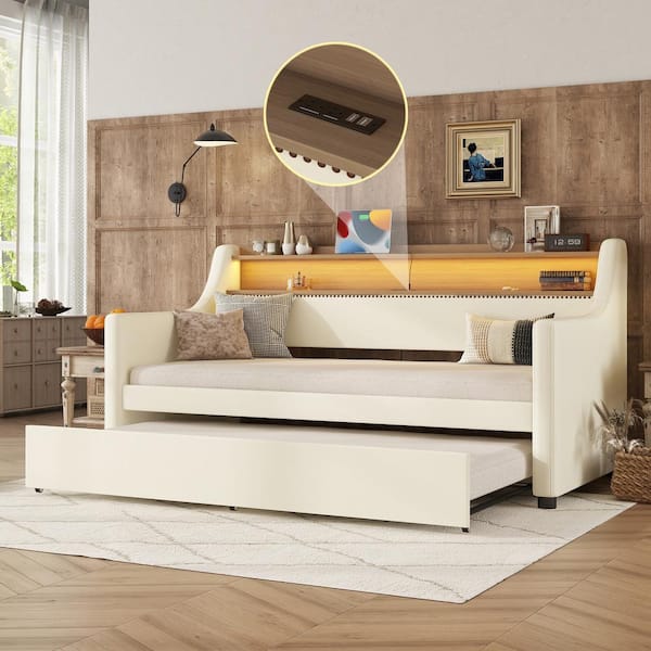Beige Twin Size Upholstered Daybed with Trundle, Charging Station and LED Lights