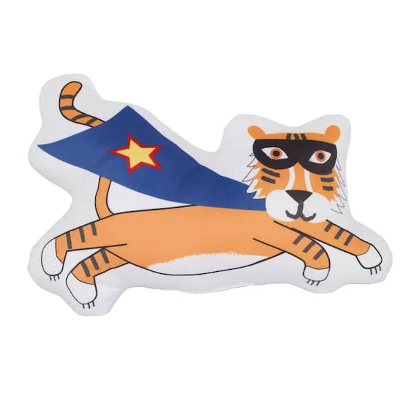 EVERYTHING KIDS Super Hero Blue, Orange, and White Masked Tiger with Cape Decorative Pillow