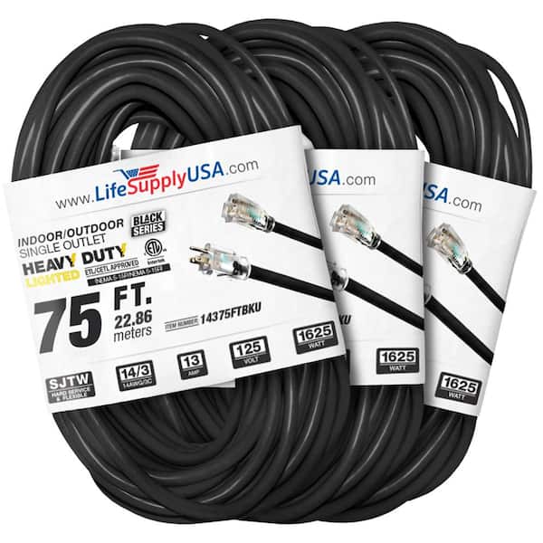 LifeSupplyUSA 75 ft. 14-Gauge/3-Conductors SJTW 13 Amp Indoor/Outdoor Extension Cord with Lighted End Black (3-Pack)