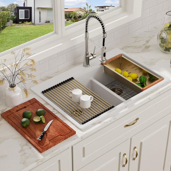 33 in. White Drop-in 60/40 Low Divide Double Bowl Quartz Composite Workstation Kitchen Sink with Accessories