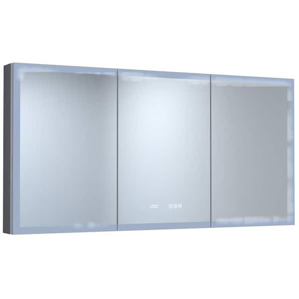60 in. W x 30 in. H Rectangular Silver Aluminum Recessed/Surface Mount Medicine Cabinet with Mirror, LED and Clock