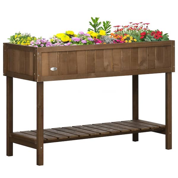 Jushua 43 in. x 18 in. x 30 in. Raised Garden Bed with 8-Pockets and Shelf, Wood Elevated Planter Box with Legs, Dark Brown