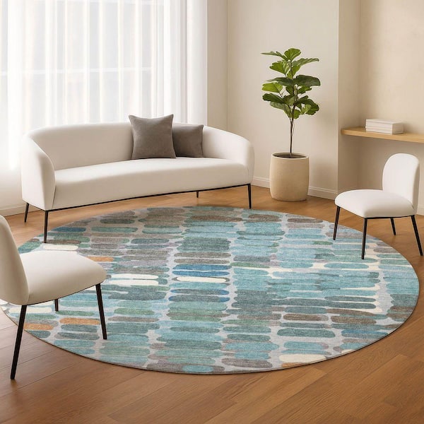 Chantille Machine Washable Indoor/Outdoor Abstract ACN2349 Teal 8 ft. x 8 ft. Round Rug