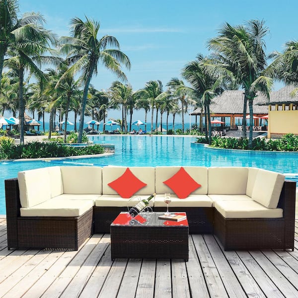 URTR 7-Piece Patio Furniture Set Outdoor Conversation Set PE Rattan Corner Sofa Set w/Table & Seats Poolside Beige Cushion