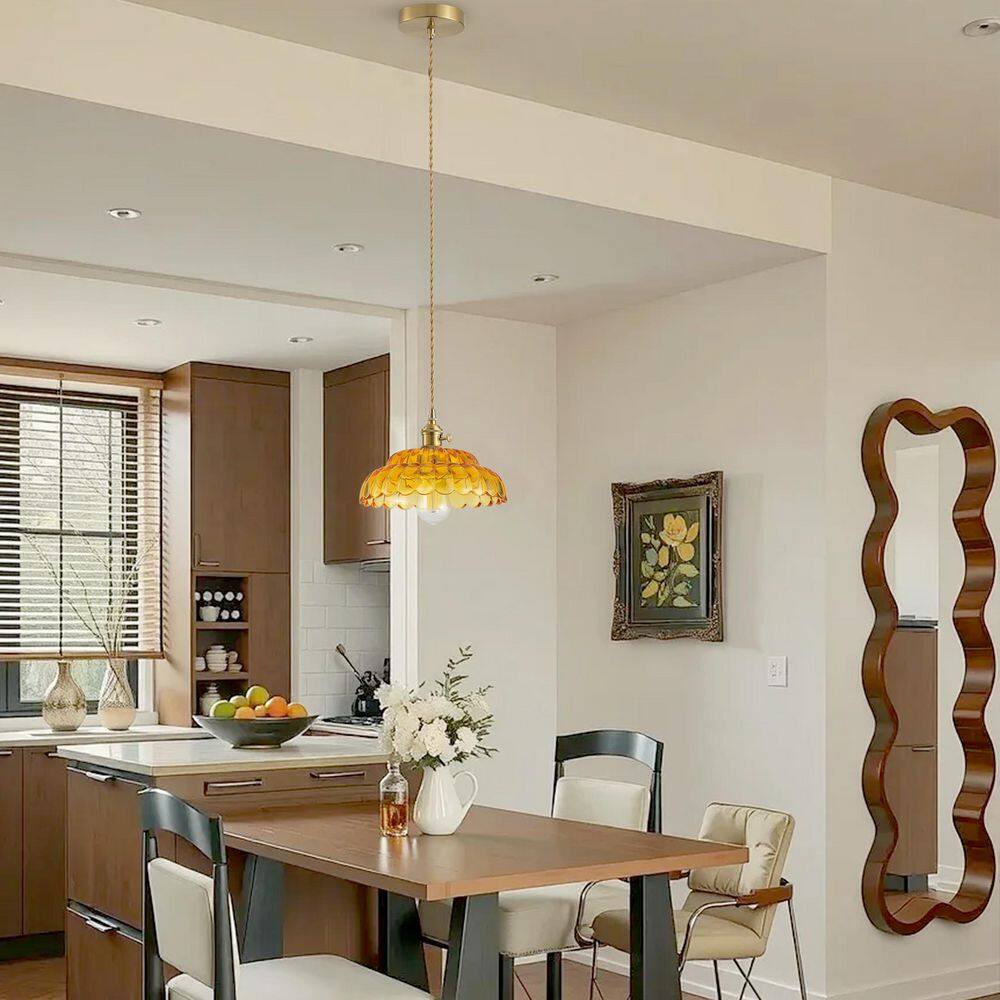 9.84 in. 40-Watt Vintage 1-Light Pendant Light Kitchen Island Ceiling Hanging Lamp with Lotus Amber Shade price history on PriceWatchPro