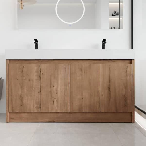 59.1 in. W x 18.1 in. D x 35 in. H Freestanding Bath Vanity in Light Brown with White Resin Vanity Top