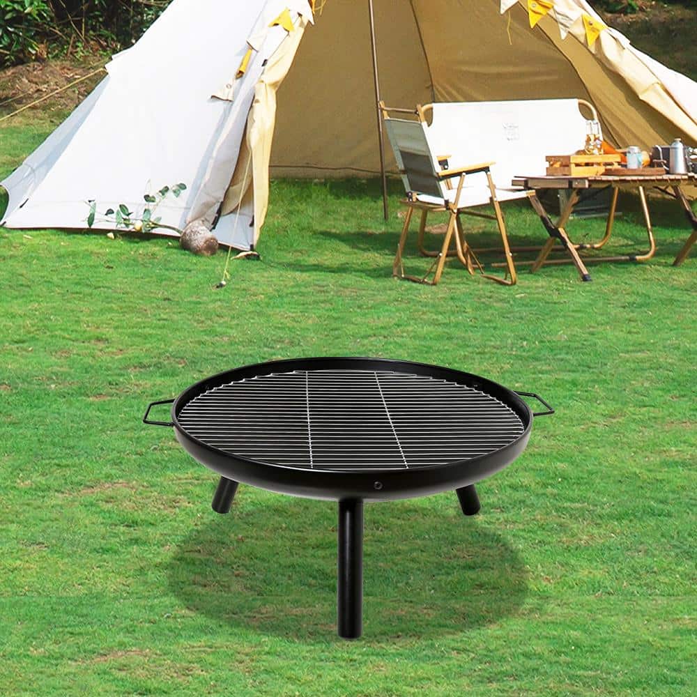 23" Black Steel Round Wood Burning Fire Pit with Grill Rack