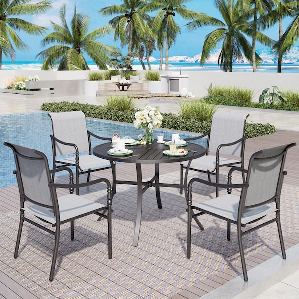 PHI VILLA Black 5-Piece Metal Patio Outdoor Dining Sets with Stamped Round Table and Gourd-shaped Design Textilene Chairs