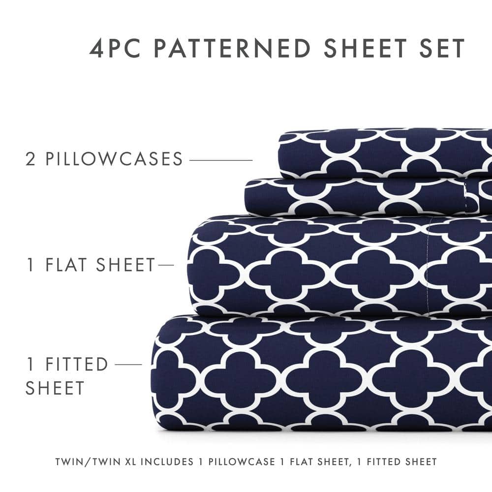 Navy Quatrefoil Microfiber Queen Sheet Set